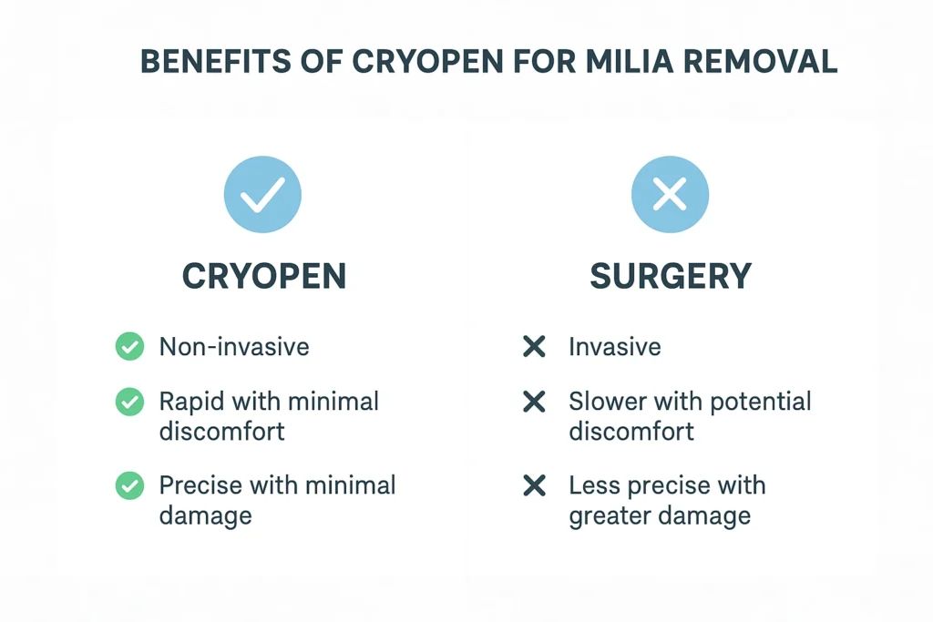 Benefits of cryopen for milia removal Darlington compared to surgical treatments.