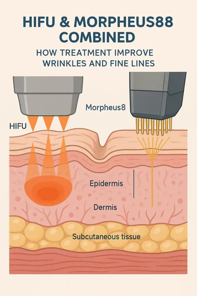 Diagram showing HIFU & Morpeus8 Darlington and the benefits for reduction in wrinkles and fine lines