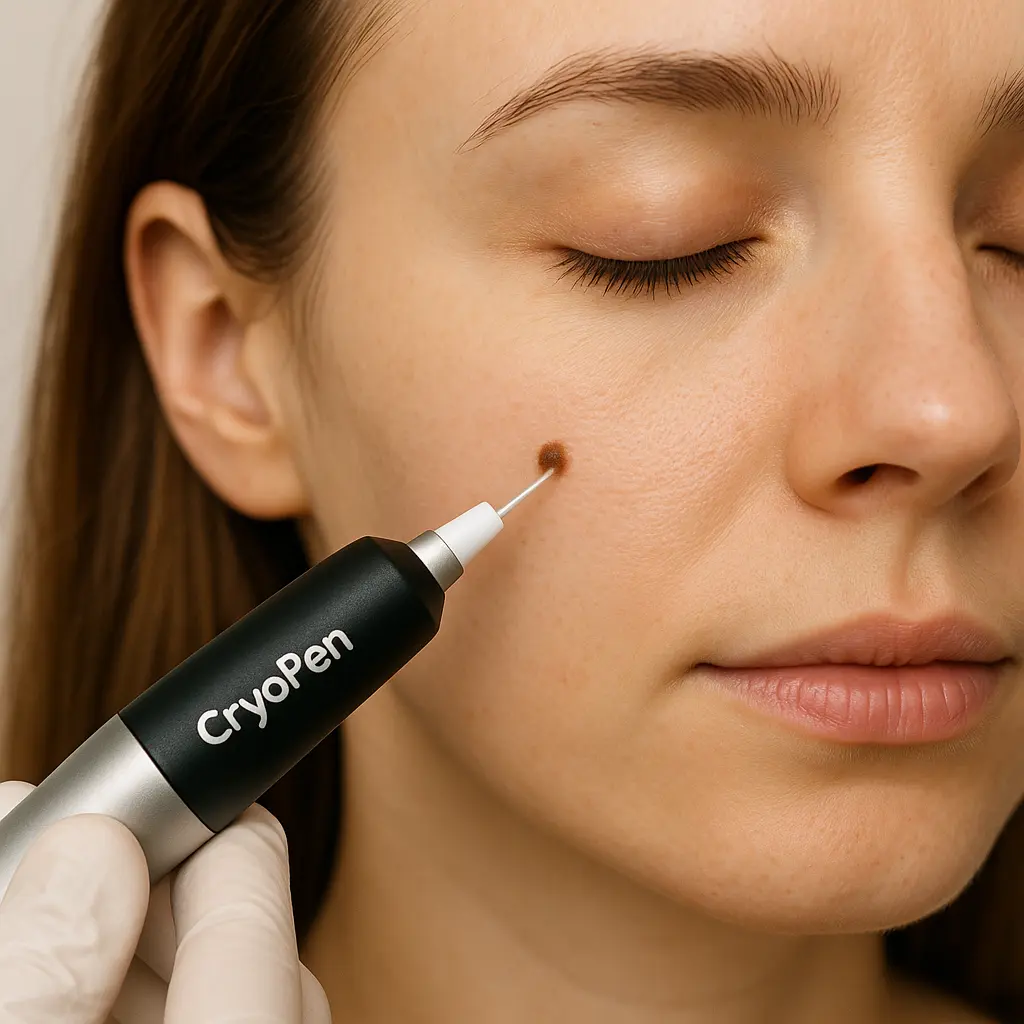 woman receiving facial mole removal Darlington using cryopen 