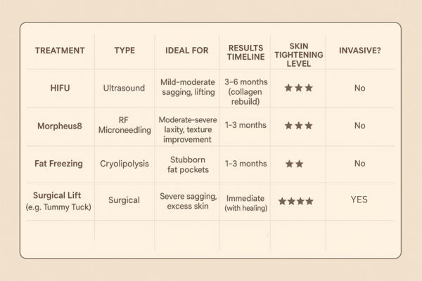 Table showing the comparisons of Skin tightening Darlington treatment options. 